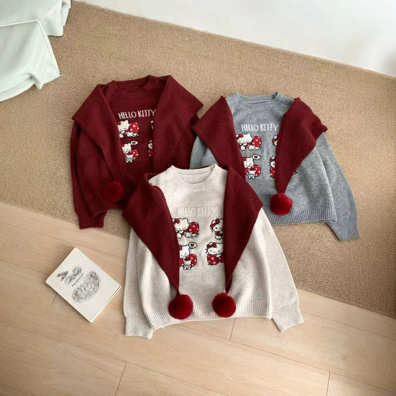 Korean-style Hello Kitty jacquard knit sweater, new autumn/winter collection, loose-fitting and slimming design, wholesale from the manufacturer Korean-style Hello Kitty jacquard knit sweater, new autumn/winter collection, loose-fitting and slimming design, wholesale from the manufacturer