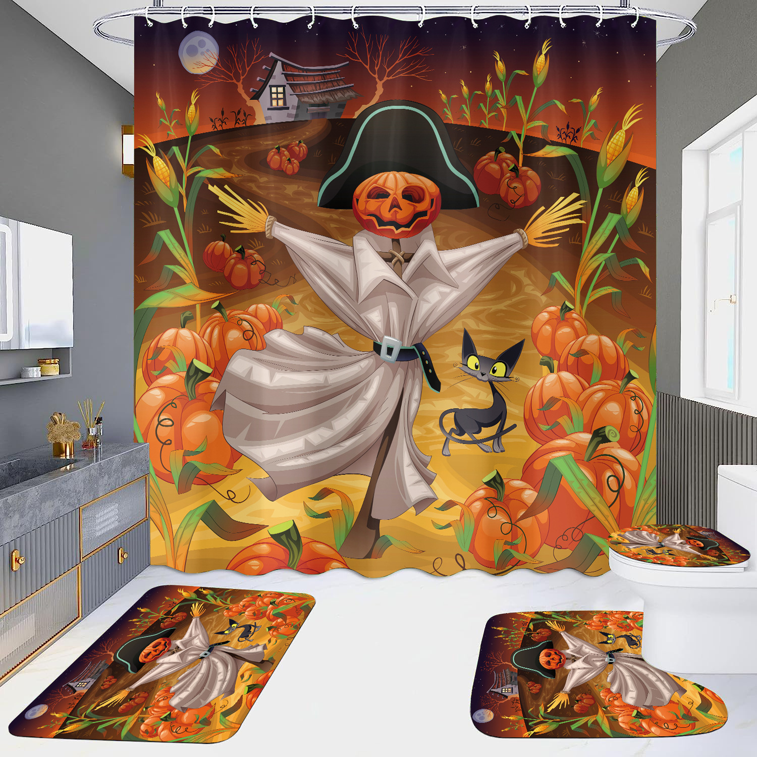 Source New Scarecrow Shower Curtain Four-piece HD Digital Printing Waterproof Punch-free Bathroom Hotel Partition Curtain