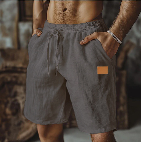 New cotton linen leather shorts drawstring elastic waist straight leg solid color breathable daily beach five casual pants