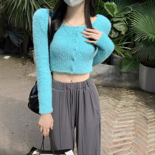 Long-sleeved square collar knitted cardigan women's autumn 2025 new high-waist base slim sweater short top
