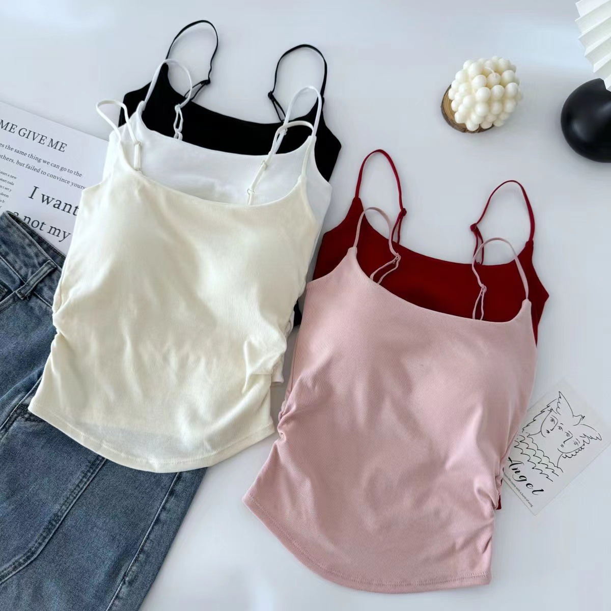 140g Weight Cotton Spandex Fabric Type Regular Top Length Camisole Tops Type Holiday, Daily Occasion Strap Neckline Slim Fit Type Solid Color Pattern Summer Season Women's Gender Pleated Design Casual, Streetwear Style Wholesale Women's Casual Streetwear Solid Color Pleated Tank Tops 6