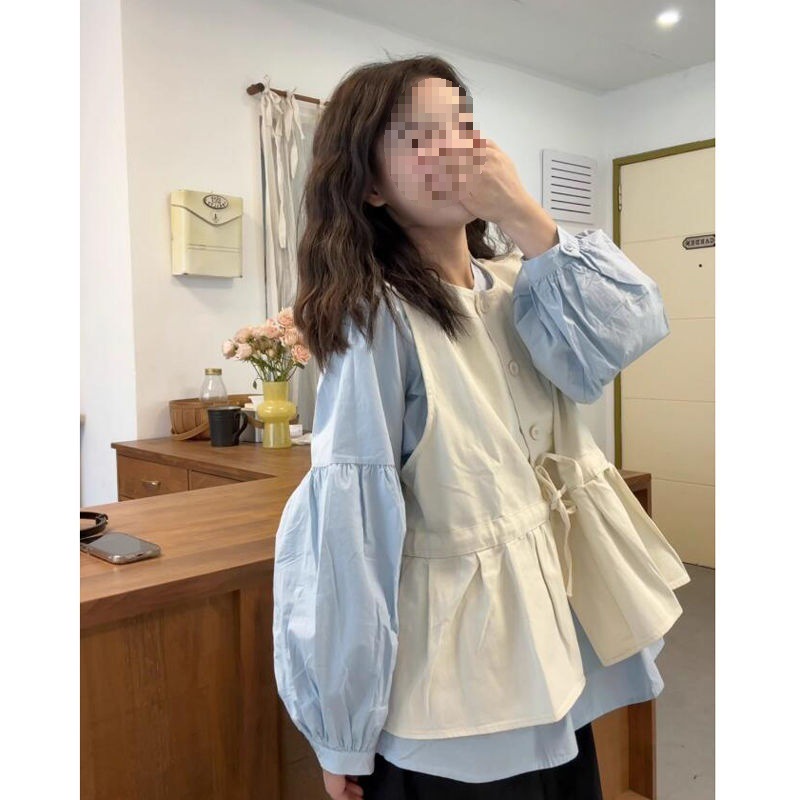 甜美风套装女减龄蝴蝶结系带圆领马甲衬衣叠穿长袖衬衫两件套女潮|undefined