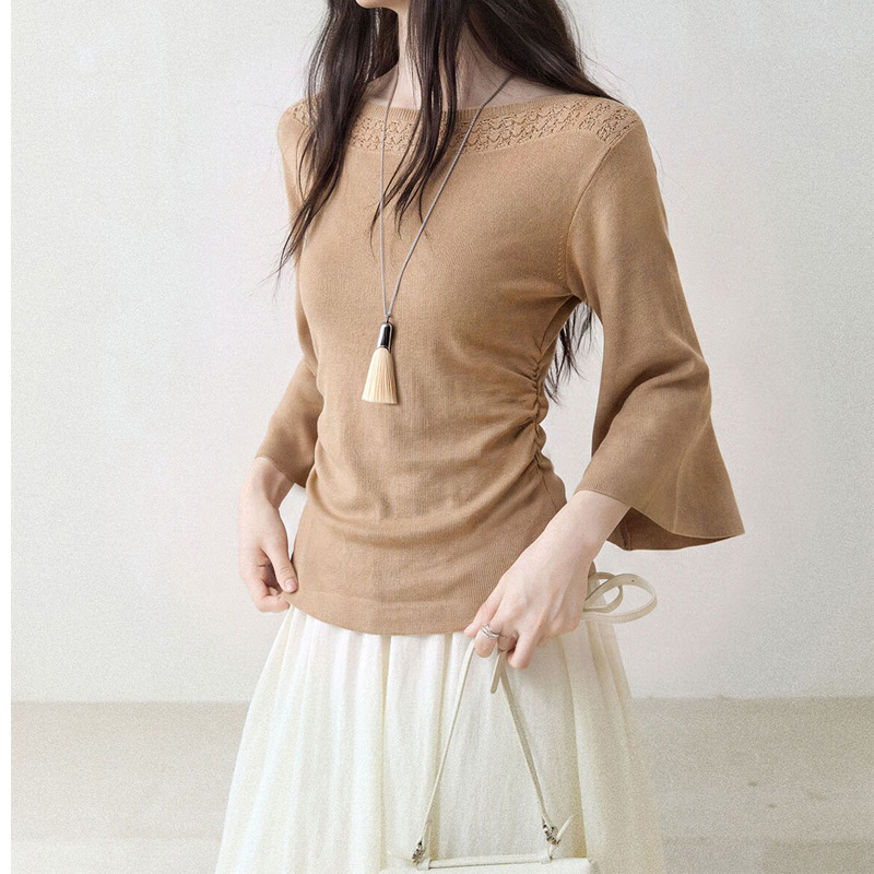 Soft and supple wool blend lace off-shoulder flared three-quarter sleeve knit top for women, autumn 2026, elegant and simple, slimming Soft and supple wool blend lace off-shoulder flared three-quarter sleeve knit top for women, autumn 2026, elegant and simple, slimming
