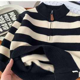 男童条纹毛衣2025新款加厚立领半拉链针织衫中大童秋冬柔软打底衫