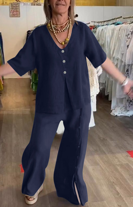 Solid Color Casual Short Sleeve Button Split Cotton And Linen Suit Navy Blue - Shop at LoveMi