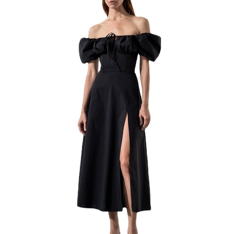 2026 New Spring Women's Clothing Cross-Border European And American French Style Puff Sleeve Solid Color High Slit Long_voghion.com