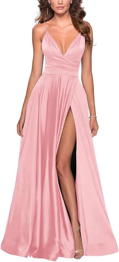 Elegante vestido de fiesta largo con cuello en V dividido, plisado de dama de honor de gasa larga, vestido formal, vestido de noche de satén