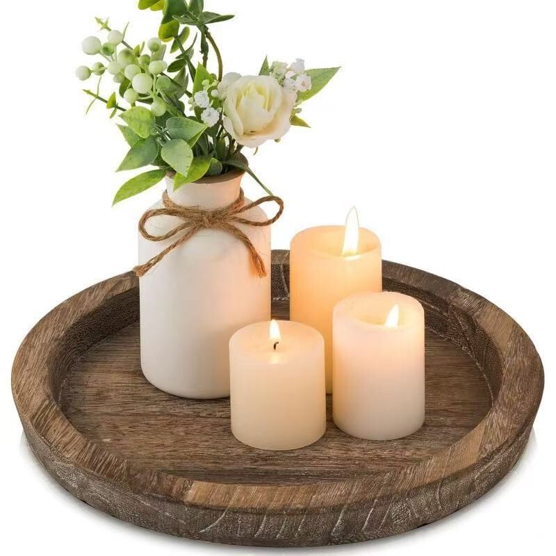 Wooden Decorative Tray Farmhouse Vintage Candle Holder Base Home Living Room Wooden Retro Storage Tray Solid Wood Tray