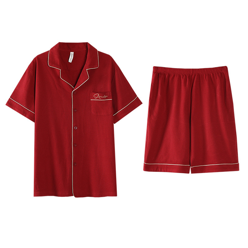 Verano nuevos hombres cardigan pijamas de manga corta puro algodón rojo boda casual waffle desgaste del hogar se puede usar fuera de verano