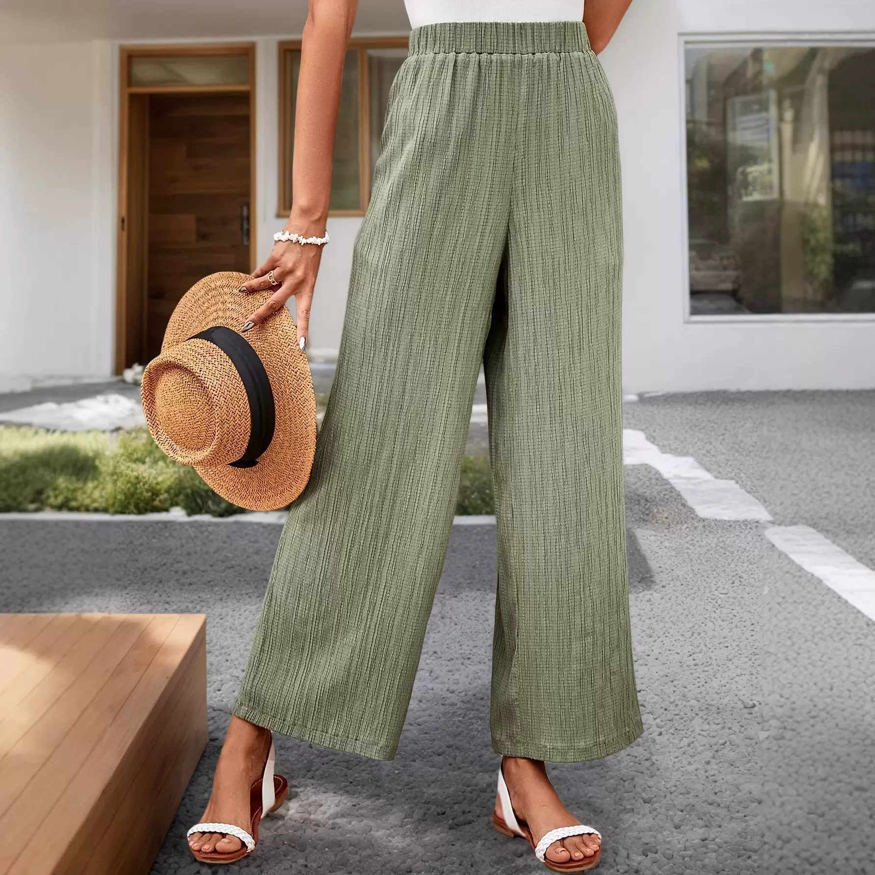 欧美跨境春夏外贸女装爆款独立站亚马逊temu纯色休闲时尚阔腿裤