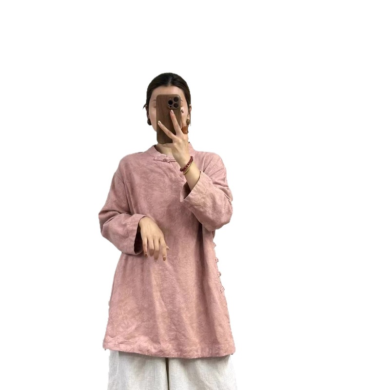新品立领斜襟外穿宽松中式女衬衫盘扣茶服复古亚麻提花上衣|undefined