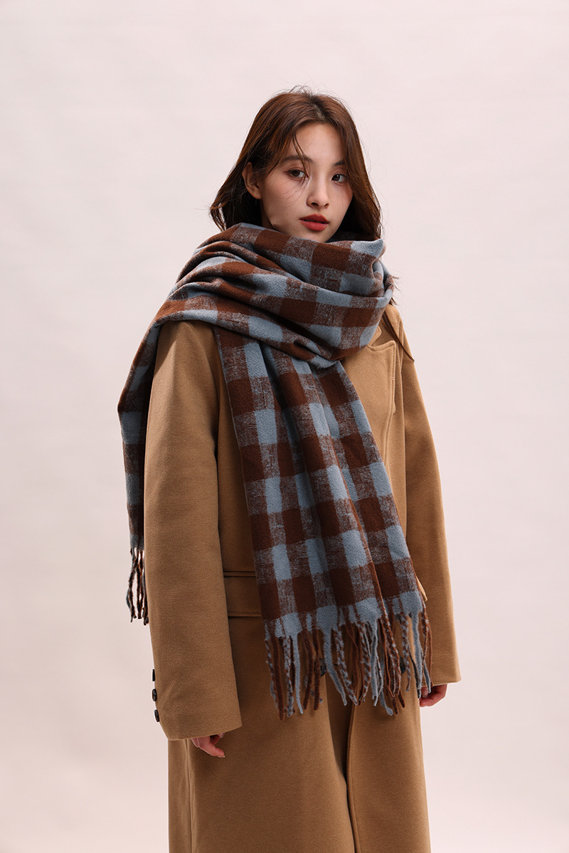 Sciarpa a quadri da donna autunno inverno sensazione avanzata spessa e calda collo frangia versatile studente moda INS_voghion.com