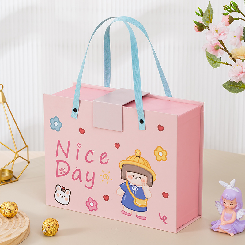 Переносной ящик; розовая одиночная подарочная коробка с вишневым цветом; Детская переносная коробка небольшого размера 18*13*6,5 см.