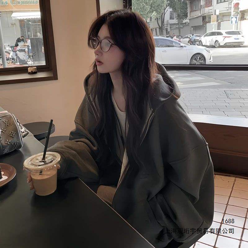 深灰色拉链卫衣女秋冬季新款宽松休闲风加绒美式连帽运动上衣外套