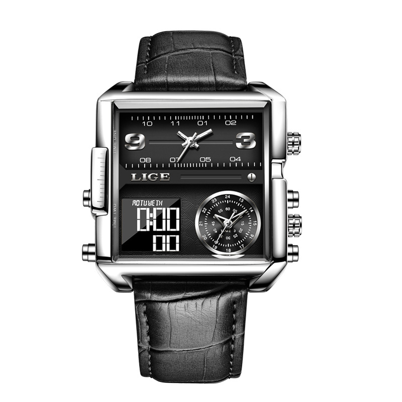Lige 8925 nuevo cinturón cuadrado doble pantalla personalidad creativa electrónica cuarzo reloj de los hombres frescos