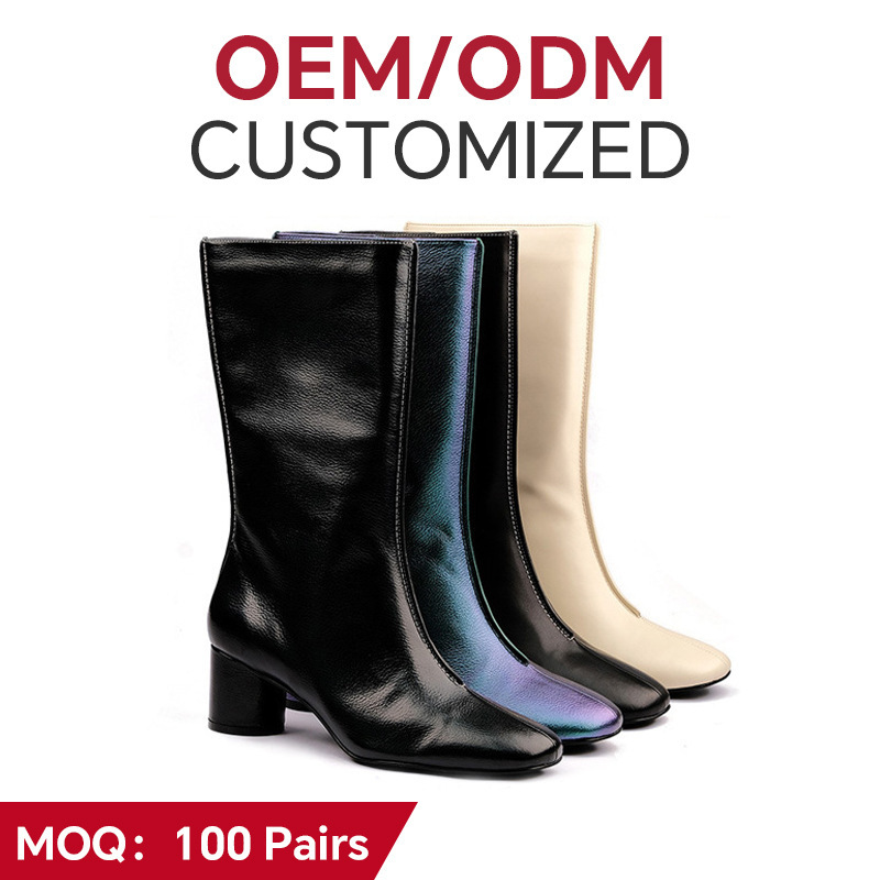 Manufacturers supply European and American quality cowhide fashion boots thick heel side zipper high-top fashion boots Knight boots production