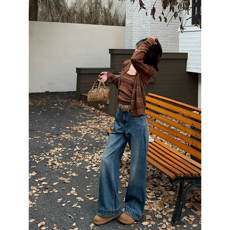 美式复古蓝高腰阔腿牛仔裤女2025秋季新款百搭修身显瘦宽松直筒裤|undefined