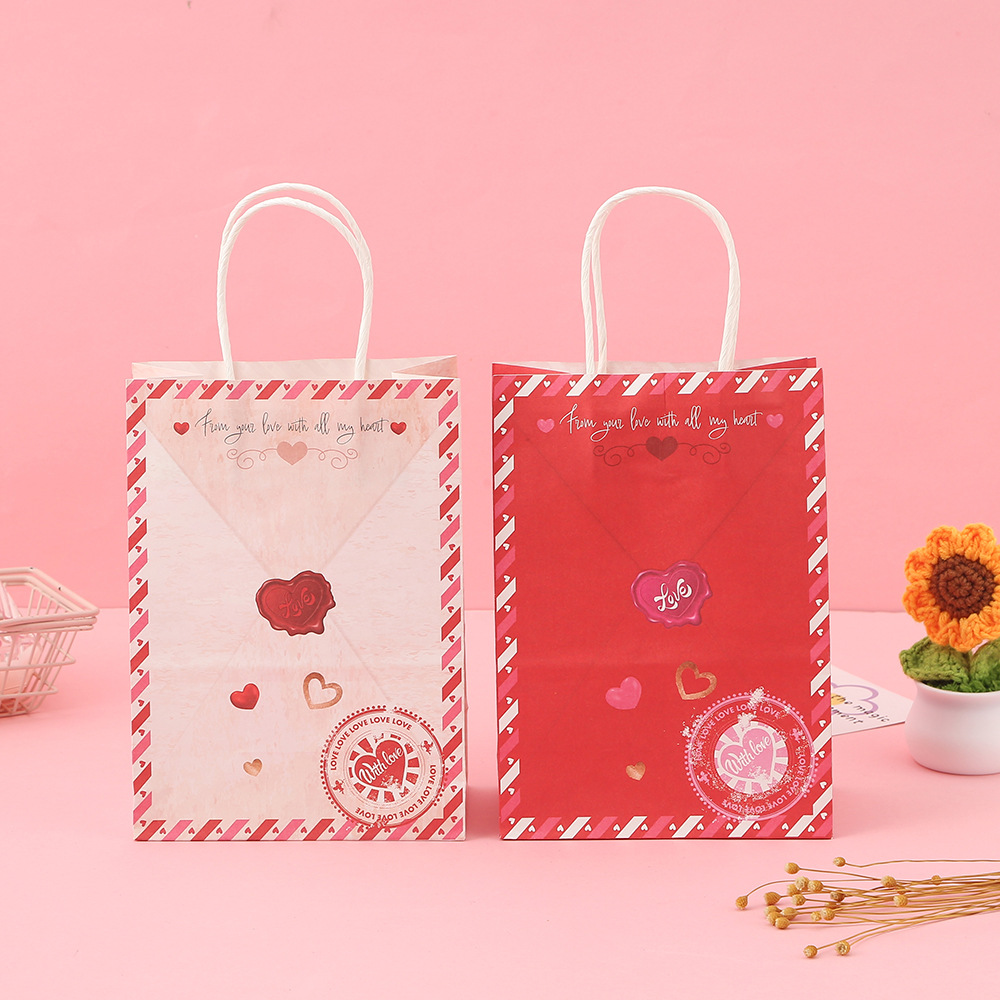 情人节礼品袋情侣礼物包装袋商场大容量购物袋情人节爱心牛皮纸袋