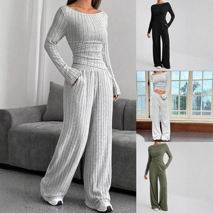 Europe and the United States cross-border foreign trade 2024 autumn and winter leisure solid color high collar knitted long sleeve side waist loose pants two-piece set