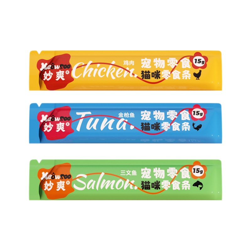 Venta directa de fábrica de tiras de gato bocadillos para gatos 15g de barro de carne líquidos alimento húmedo para gatos pollo atún salmón bocadillos para gatos