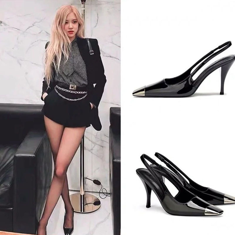 Rose Park Chae-Young's Same Style High Heels, Exclusively Available for Cross-Border Sales in 2023, Metal Square-Toe Single-Strap Closed-Toe Sandals with Back Straps