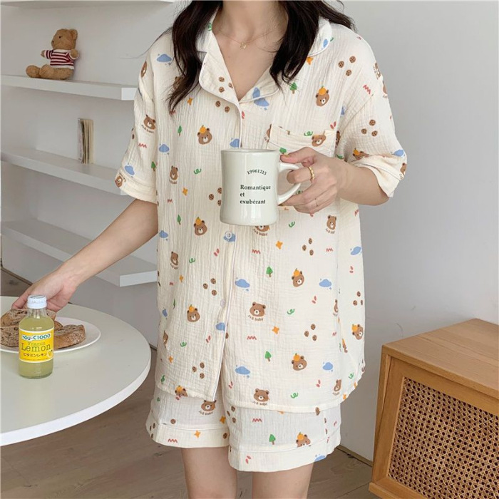 睡衣女夏季梭织泡泡棉皱布ins公主风可爱短袖夏天薄款家居服套装|undefined