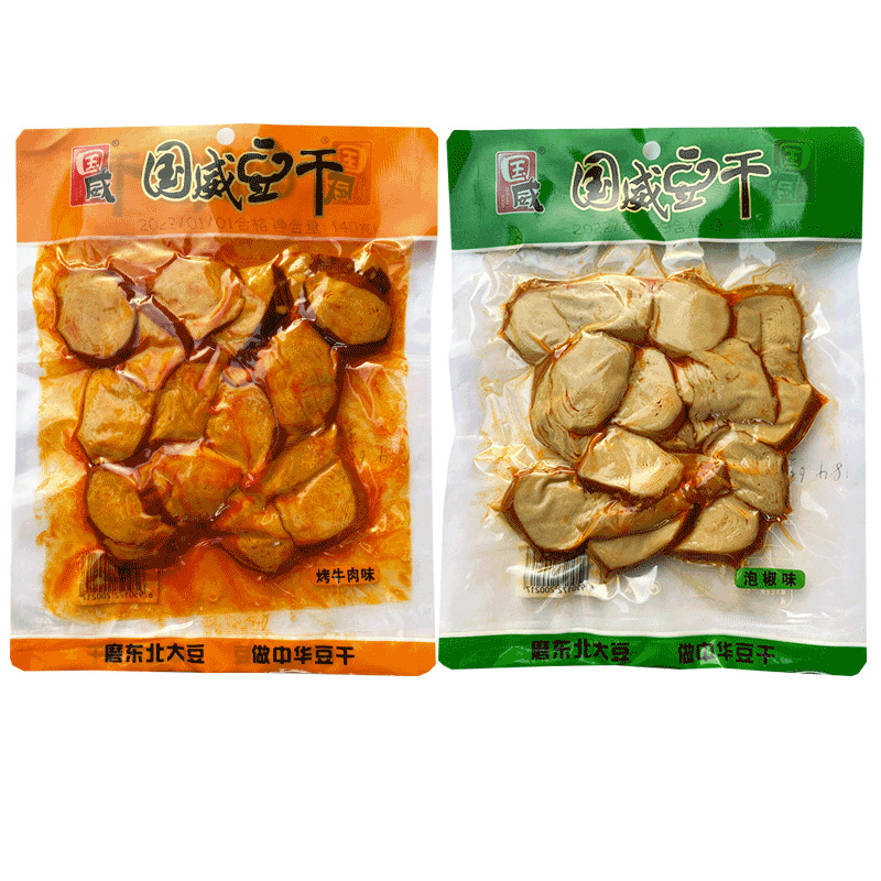 Guowei Dougan, a speciality of Liaoning, is a vacuum-packed large bag snack featuring spicy and hot beef-flavored dried tofu with pickled peppers.