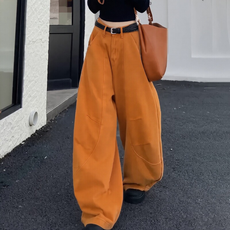 Autumn New Fashion Washed Pure Cotton Orange Scimitar Jeans Korean Style Wide-Leg Casual Pants for Women Loose and Slim