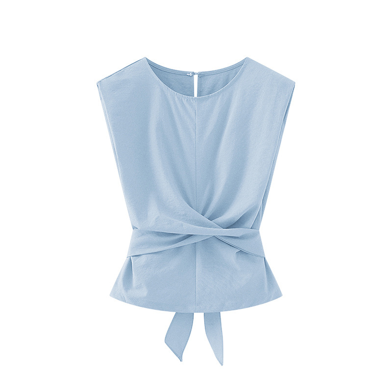 French Elegant Design Lace-Up Waist Sleeveless Vest Summer Pleated Slimming Look Top A4532