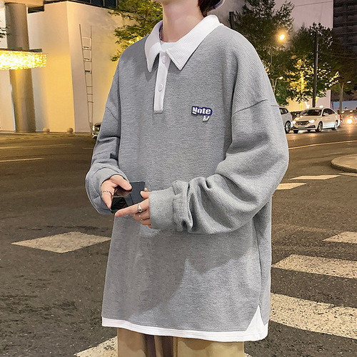 Cross-border 2025 Spring and Autumn New Men's Polo Shirt Collar Long Sleeve T-shirt Contrast Color Couple Base Shirt Loose