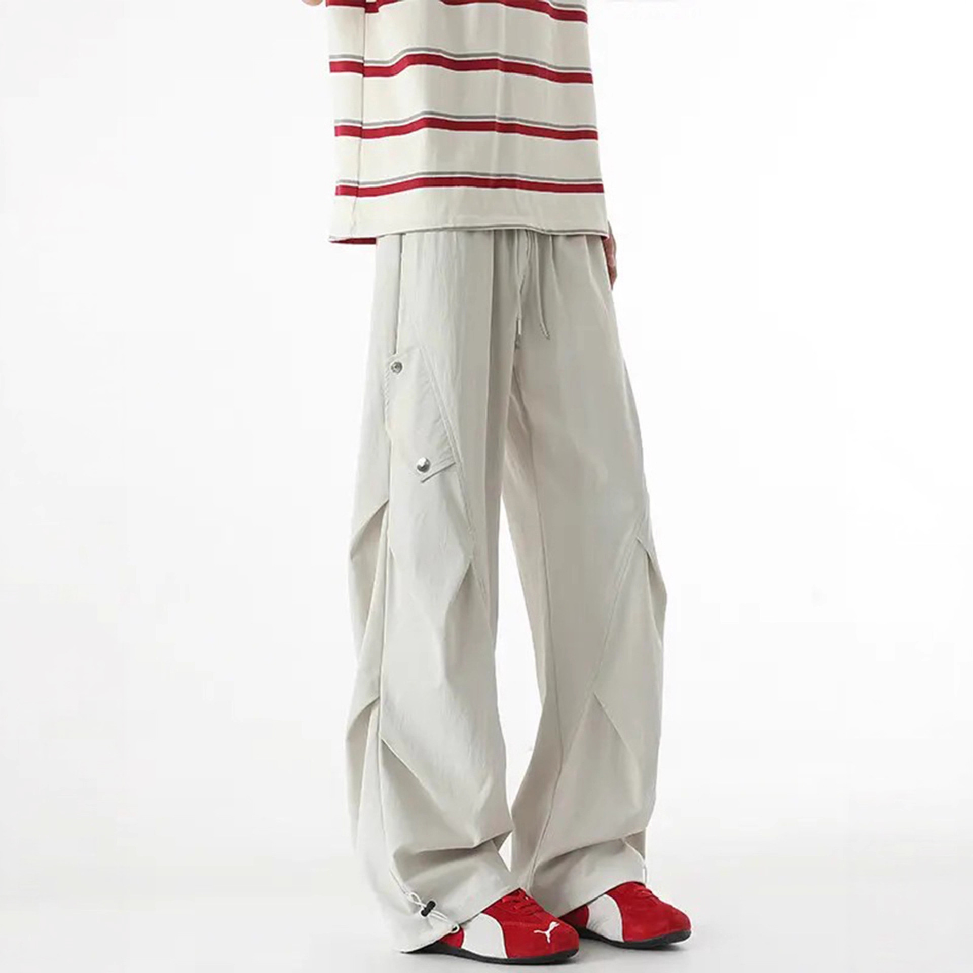 Men's Light Gray Ice Silk Cooling Pants, Summer Thin Pleated Quick-Drying Air Force Work Pants, American Casual Sports Pants