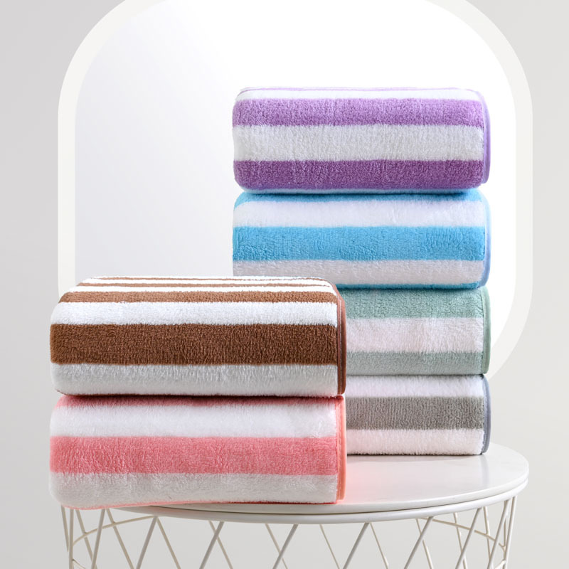 珊瑚绒宽条纹大毛巾批发包边浴巾套装儿童成人加厚条纹沙滩巾