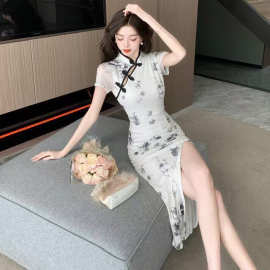 性感风盘扣碎花旗袍款连衣裙女夏修身收腰包臀开叉中长裙跨境专供