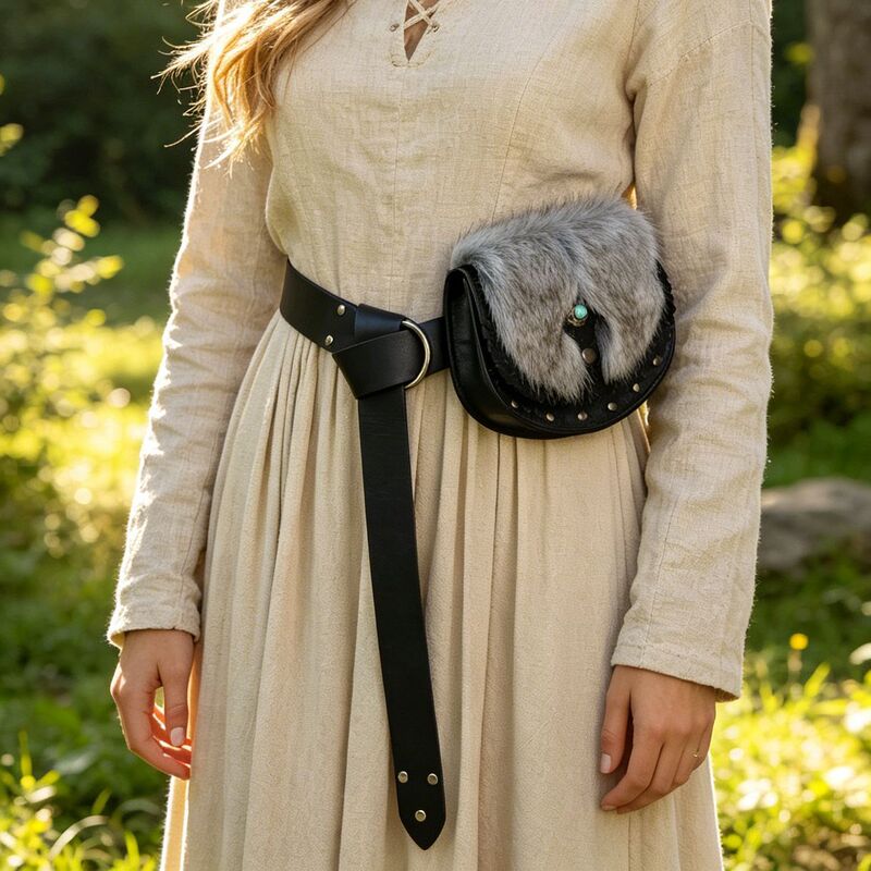 Viking Faux Fur Belt Bag with Turquoise Nordic Design, Suitable for Renaissance-Style Portable Wallets