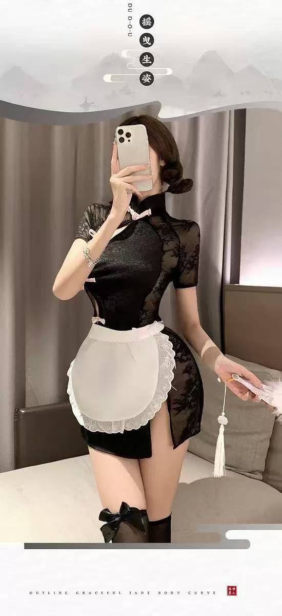 Maid Roleplay Costume Set with Apron and Black Butterfly Stockings, One Size — detail image 8