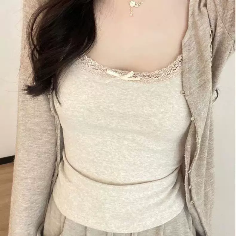 纯欲修身蕾丝蝴蝶结吊带女带胸垫背心纯色打底衫内搭美背上衣