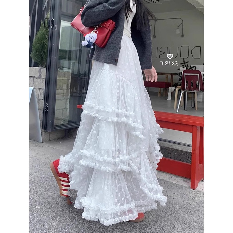 Sweet Style White Lace Skirt Ballet Style Cake Skirt Women's Spring High Waist A-Line Skirt Tutu Skirt Long Skirt
