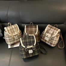 韩版ins毛绒凯蒂猫双肩包包女小众设计复古格纹百搭休闲手提背包