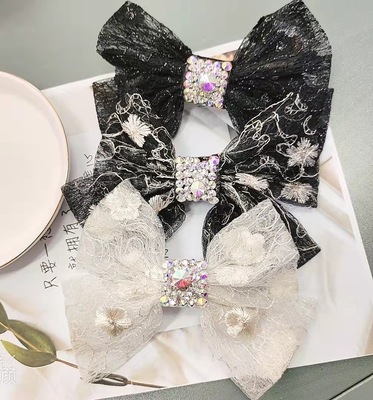 Korean Edition Embroidered Large bow Rhinestone Ultra cents Lace Spring and summer Princess head Spring Ponytail clip Top clamp Headdress