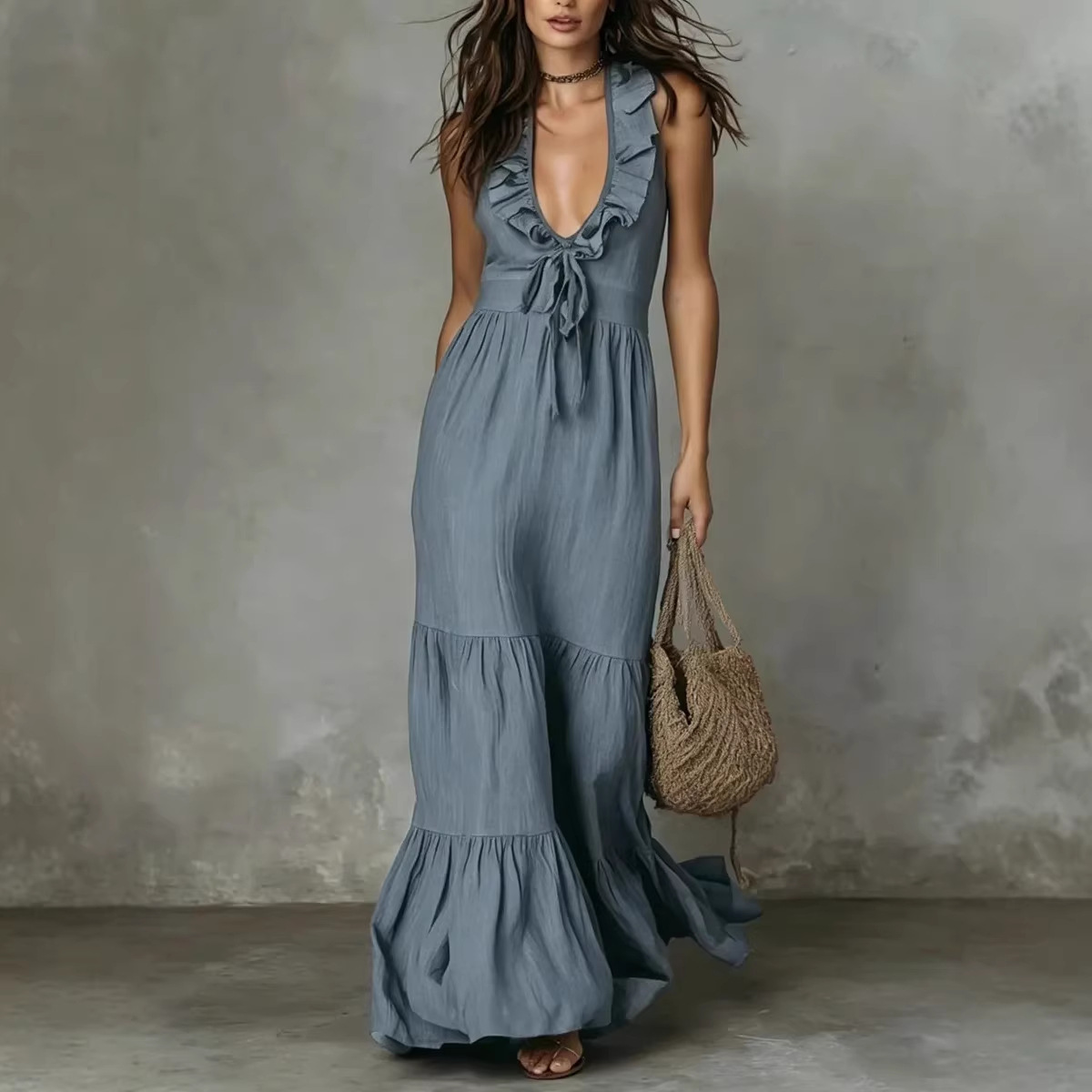 Breathable Linen-Blend V-Neck Maxi Dress, Sleeveless A-Line Shift Dress For Casual & Occasional Wear_ecoleips.com