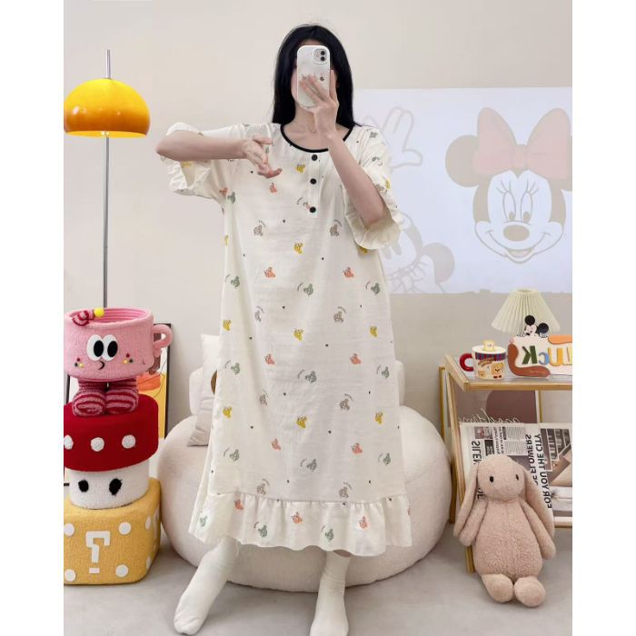 Camisón transfronterizo verano nuevo estilo femenino falda larga de manga corta dulce y linda nube de algodón estilo simple pijama de cuello redondo se puede usar afuera