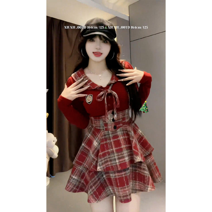 早秋纯欲风jk制服套装女春秋新款拼接衬衫+格纹束腰裙显瘦两件套|undefined