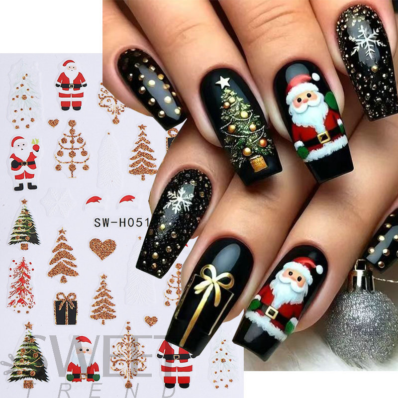 Cross-Border Hot Selling New Nail Art Stickers Ins Winter Christmas Tree Glitter Snowflake Gift Cartoon Police Nail Stickers