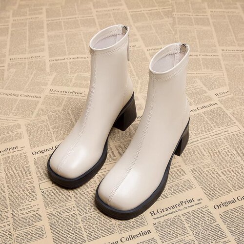 High-heeled Martin boots for women in autumn and winter new style British style round toe thick heel back zipper women's short boots trendy for small people