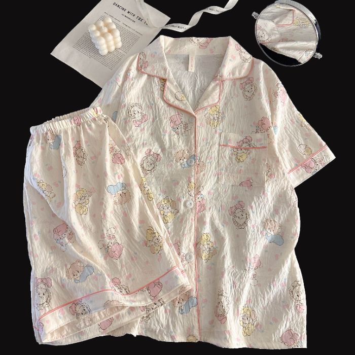 Venta al por mayor transfronteriza en vivo estilo caliente verano nube pijamas de algodón mujeres de manga corta casual de dibujos animados traje de servicio a domicilio para estudiantes
