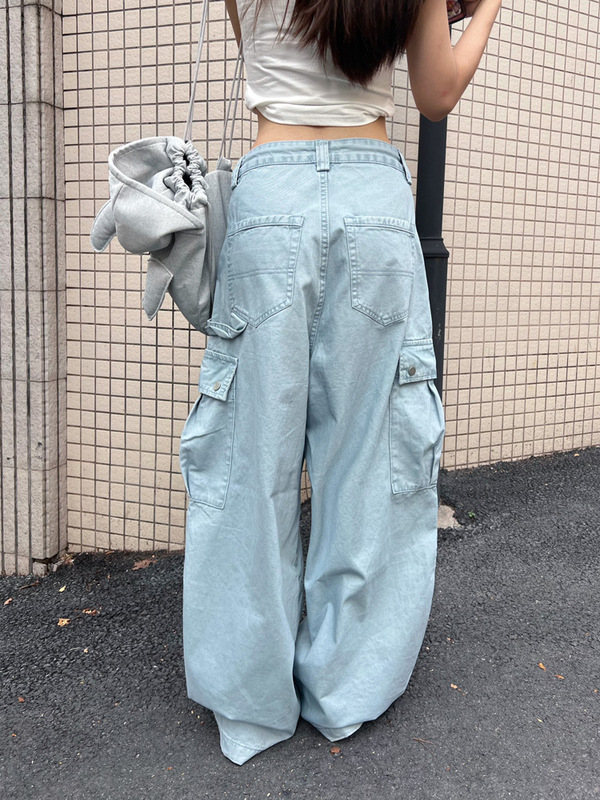 高街多口袋工装牛仔裤女夏季新款宽松休闲垂感阔腿拖地长裤子ins|undefined