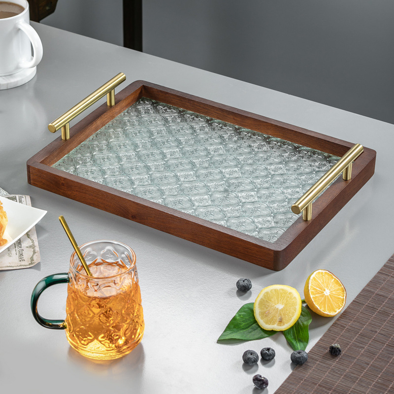 원목 유리 트레이 작은 직사각형 호두나무 컵 보관 과일 거실 티 테이블 간식 트레이 과일 트레이