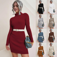 亚马逊毛衣连衣裙2022欧美女装秋冬新款长袖高领针织毛衣连衣裙