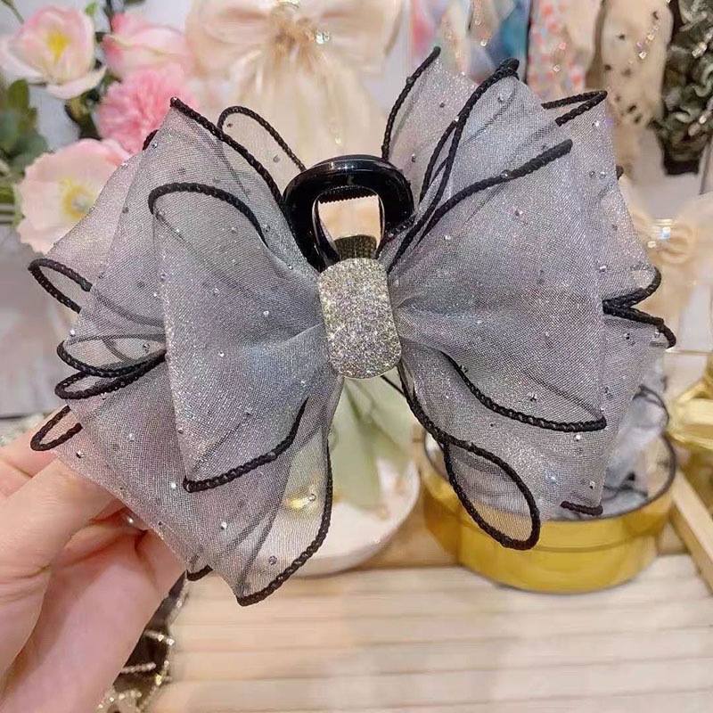 Satín de alta sensación, arco negro grande, clip de tiburón, toque de cabeza, clip de nube, clip de agarre, clip de cabello, tarjeta de cabello de mujer