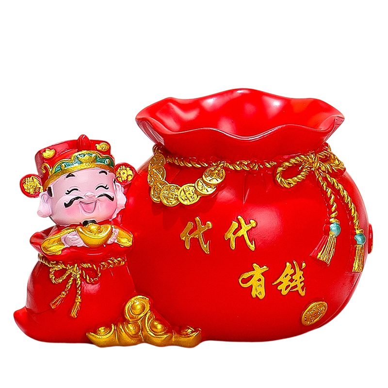 新年财神爷笔筒树脂工艺品创意聚宝盆办公室桌面多功能收纳装饰品|undefined